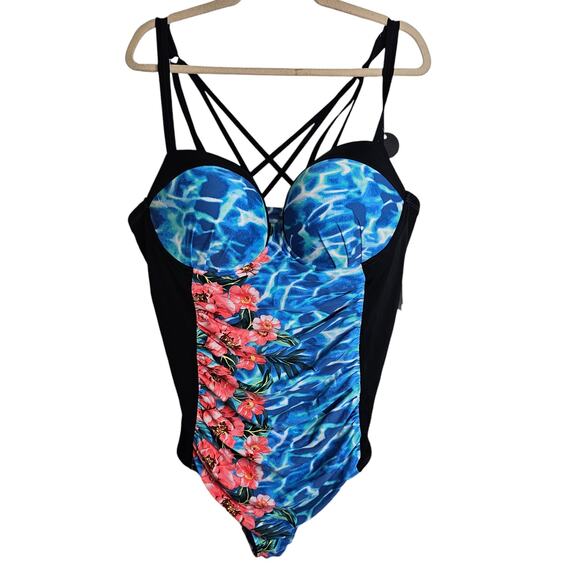 Torrid Swimsuit One Piece Swimsuit Women 3X D-DD Blue Black Strappy Swimsuit NEW - Picture 1 of 11